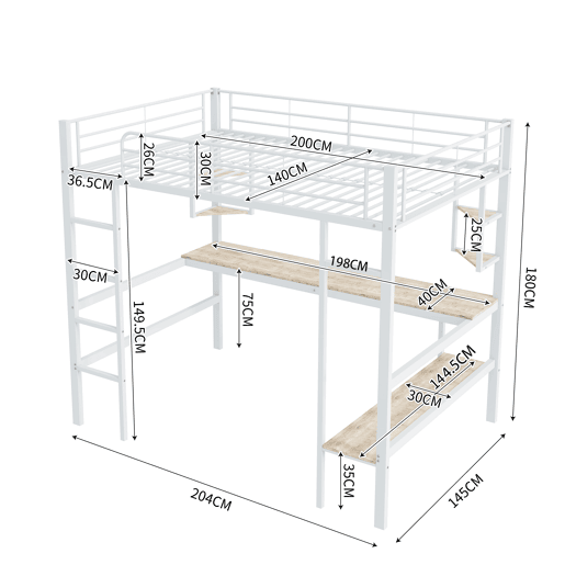 Cama mezzanine em ferro - 140x200 cm - com secretária e 5 prateleiras - Branco