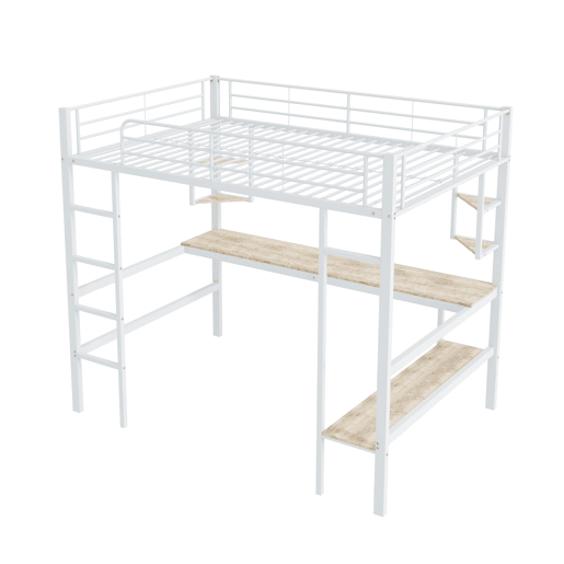 Cama mezzanine em ferro - 140x200 cm - com secretária e 5 prateleiras - Branco
