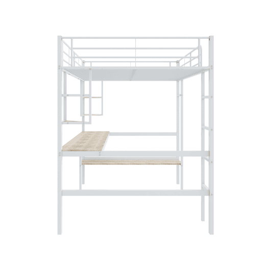 Cama mezzanine em ferro - 140x200 cm - com secretária e 5 prateleiras - Branco