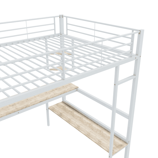 Cama mezzanine em ferro - 140x200 cm - com secretária e 5 prateleiras - Branco