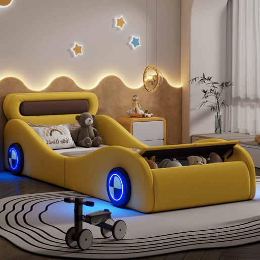Cama de criança 90x200cm - Cama almofadada em forma de carro com rodas iluminadas - Amarelo