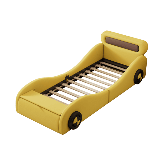 Cama de criança 90x200cm - Cama almofadada em forma de carro com rodas iluminadas - Amarelo