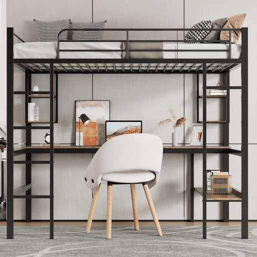 Cama mezzanine em ferro - 90x200cm - com secretária e 5 prateleiras - Preto