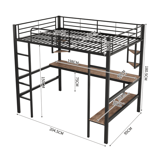 Cama mezzanine em ferro - 90x200cm - com secretária e 5 prateleiras - Preto