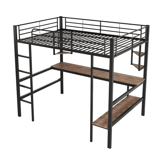 Cama mezzanine em ferro - 90x200cm - com secretária e 5 prateleiras - Preto