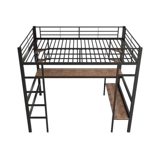 Cama mezzanine em ferro - 90x200cm - com secretária e 5 prateleiras - Preto