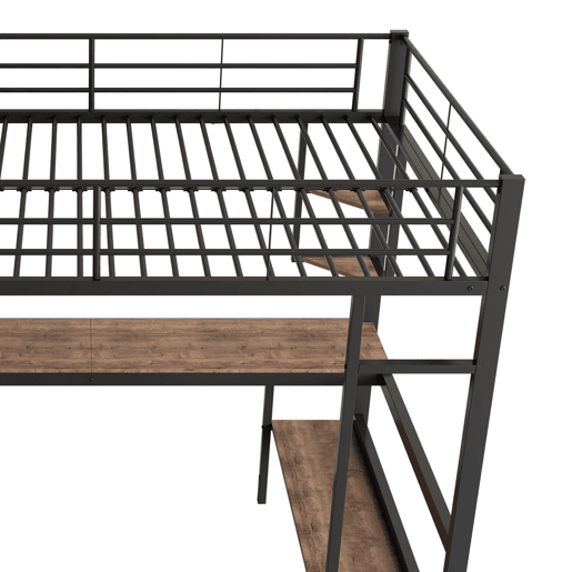 Cama mezzanine em ferro - 90x200cm - com secretária e 5 prateleiras - Preto