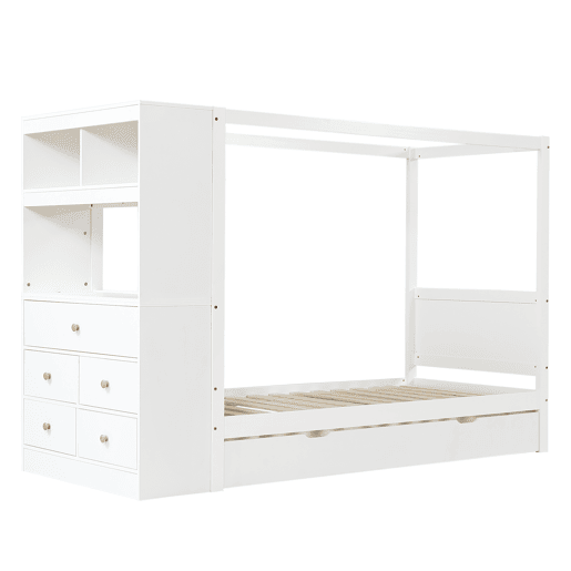Cama individual 90x200 - Cama infantil com proteção, arrumação com 5 gavetas e rodízios - Branco+Natural