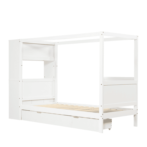 Cama individual 90x200 - Cama infantil com proteção, arrumação com 5 gavetas e rodízios - Branco+Natural