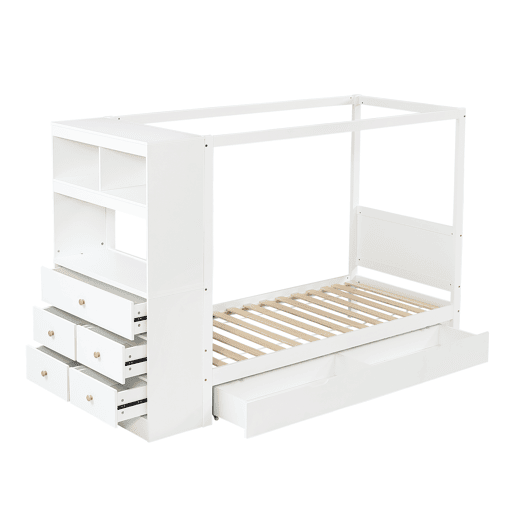 Cama individual 90x200 - Cama infantil com proteção, arrumação com 5 gavetas e rodízios - Branco+Natural