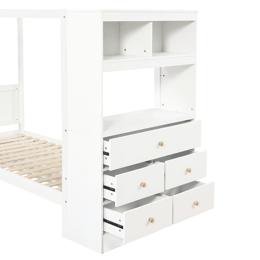 Cama individual 90x200 - Cama infantil com proteção, arrumação com 5 gavetas e rodízios - Branco+Natural