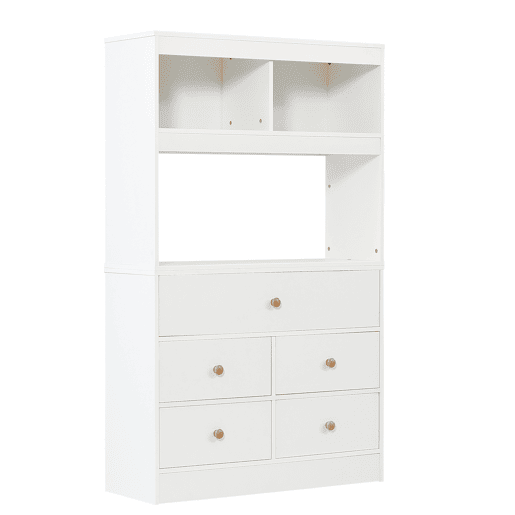 Cama individual 90x200 - Cama infantil com proteção, arrumação com 5 gavetas e rodízios - Branco+Natural