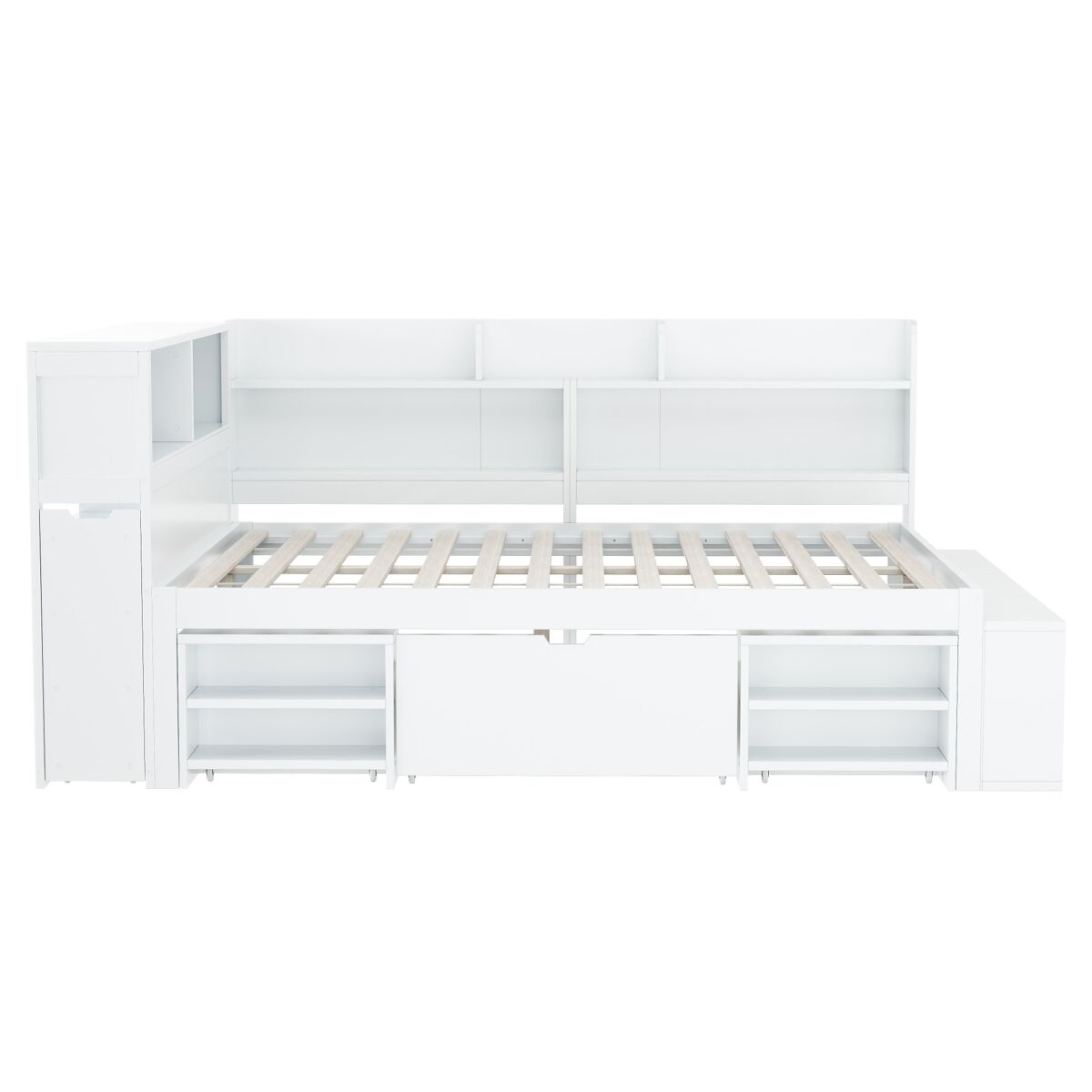 Cama de mdf de 140x200 cm - con almacenaje multifunción y una pequeña librería extraíble - con somier de láminas - blanco