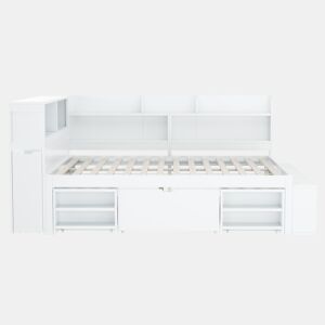 Cama em MDF 140x200 cm - com arrumação multifunções e uma pequena estante extraível - com estrado de ripas - Branco