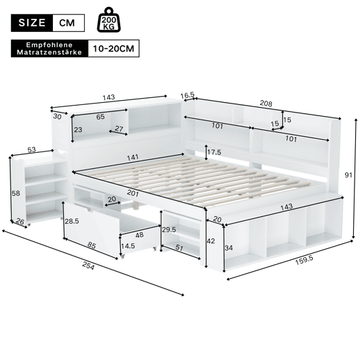 Cama em MDF 140x200 cm - com arrumação multifunções e uma pequena estante extraível - com estrado de ripas - Branco