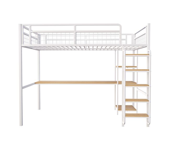 Cama alta de metal 140x200 cm - con escritorio y escalera de seguridad - blanco