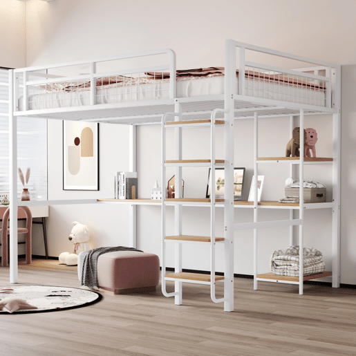 Cama alta metálica 140x200 cm - com secretária e escada de segurança - Branco