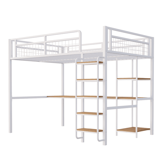 Cama alta metálica 140x200 cm - com secretária e escada de segurança - Branco