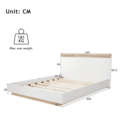 Cama para adultos 140x200 cm - cama flutuante com estrado de ripas - estrutura de madeira - branco