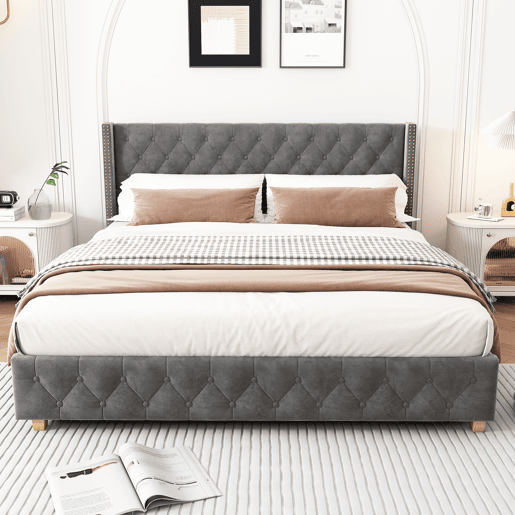 Cama de adulto estofada em veludo - 160x200 cm - com estrado de molas - Cinzento