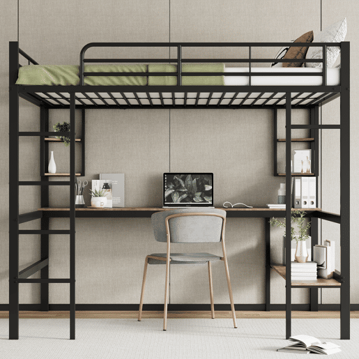 Cama mezzanine em ferro - 140x200 cm - com secretária e 5 prateleiras - Preto