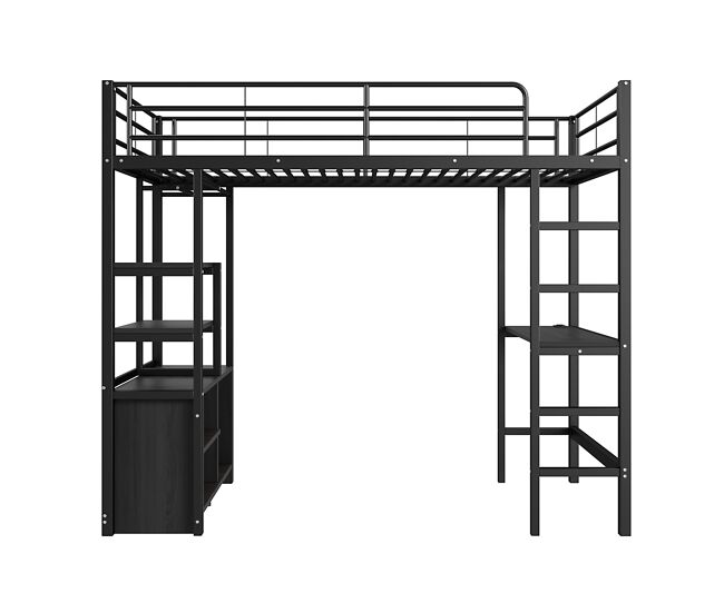 Cama altillo de metal 90x200 cm - con escritorio + tomas usb + barreras - negro