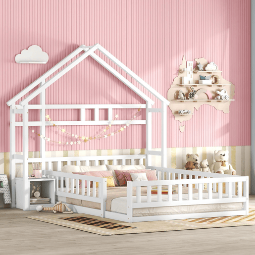 Cama de cabina para crianças 140x200 cm com mesa de cabeceira e grades de proteção - estrado - Branco
