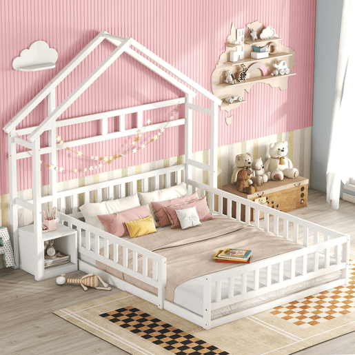 Cama de cabina para crianças 140x200 cm com mesa de cabeceira e grades de proteção - estrado - Branco