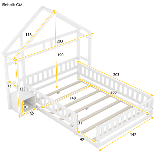 Cama de cabina para crianças 140x200 cm com mesa de cabeceira e grades de proteção - estrado - Branco