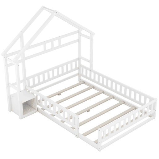 Cama de cabina para crianças 140x200 cm com mesa de cabeceira e grades de proteção - estrado - Branco