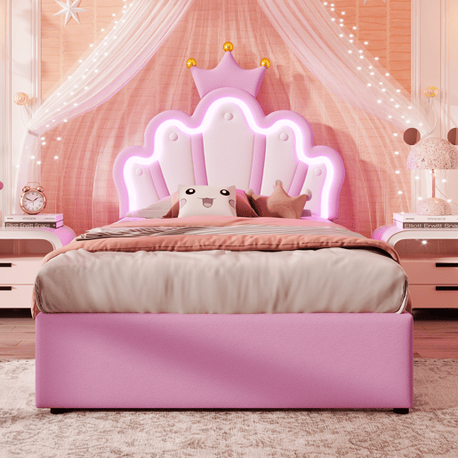 Cama de criança estofada 90x200 cm - com LED e 2 gavetas - Rosa