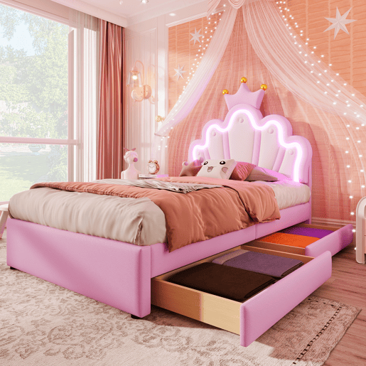 Cama de criança estofada 90x200 cm - com LED e 2 gavetas - Rosa