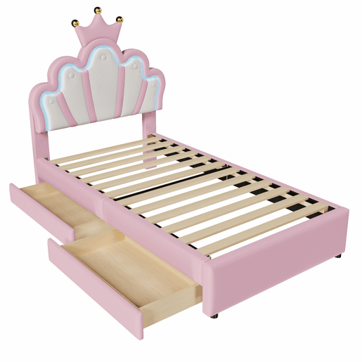 Cama de criança estofada 90x200 cm - com LED e 2 gavetas - Rosa