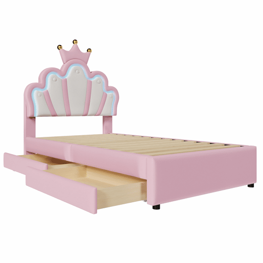 Cama de criança estofada 90x200 cm - com LED e 2 gavetas - Rosa