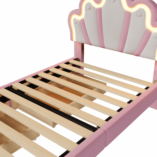 Cama de criança estofada 90x200 cm - com LED e 2 gavetas - Rosa