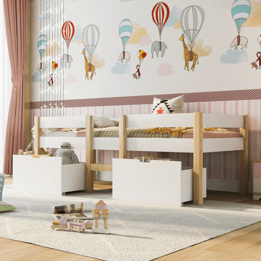 Cama mezzanine em pinho maciço com gavetas - 90x200 cm - Branco