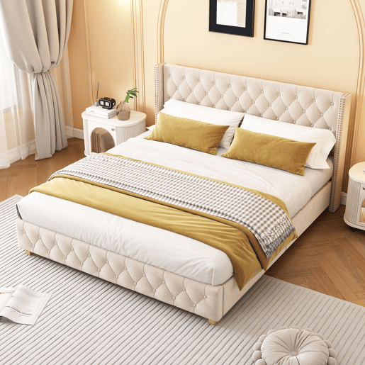 Cama de adulto estofada em veludo - 180x200 cm - com estrado de molas - Bege