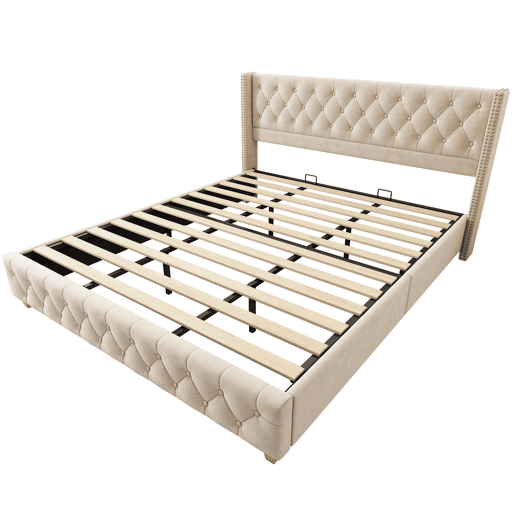 Cama de adulto estofada em veludo - 180x200 cm - com estrado de molas - Bege