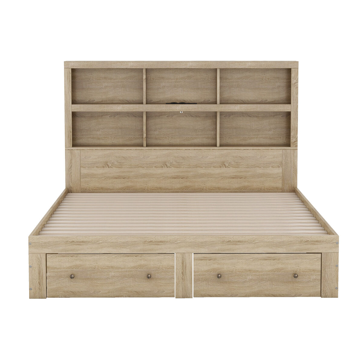 Cama de madera maciza de 160x200 cm con cajones y cabecero con almacenaje - con somier de láminas - natural