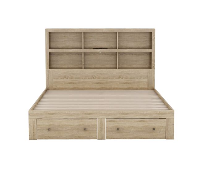 Cama de madera maciza de 160x200 cm con cajones y cabecero con almacenaje - con somier de láminas - natural