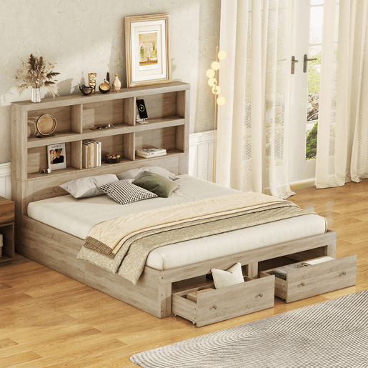 Cama de madeira maciça 160x200 cm com gavetas e cabeceira com arrumação - com estrado de ripas - Natural