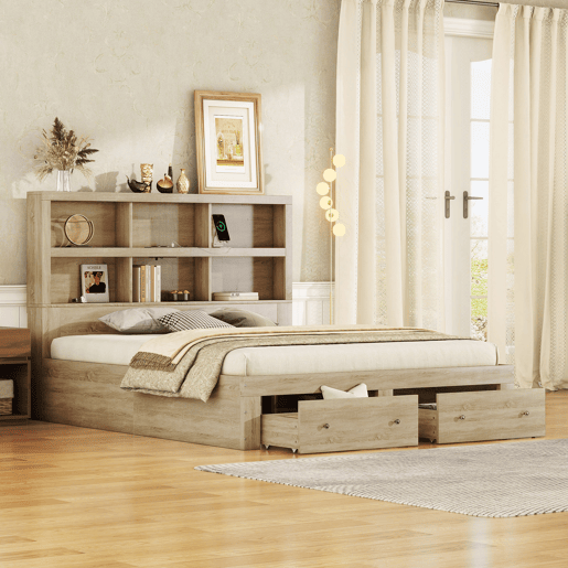 Cama de madeira maciça 160x200 cm com gavetas e cabeceira com arrumação - com estrado de ripas - Natural