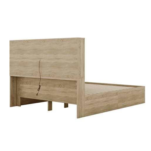 Cama de madeira maciça 160x200 cm com gavetas e cabeceira com arrumação - com estrado de ripas - Natural