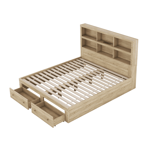 Cama de madeira maciça 160x200 cm com gavetas e cabeceira com arrumação - com estrado de ripas - Natural
