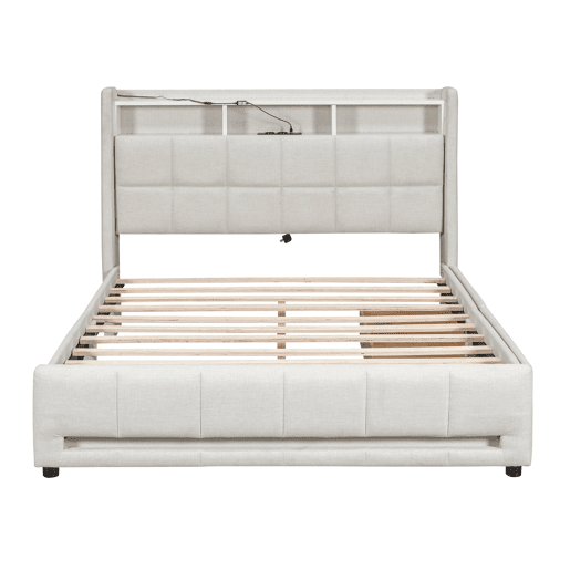 Cama de casal em tecido de linho 140x200 cm - com 2 gavetas + LED + tomada USB - Bege