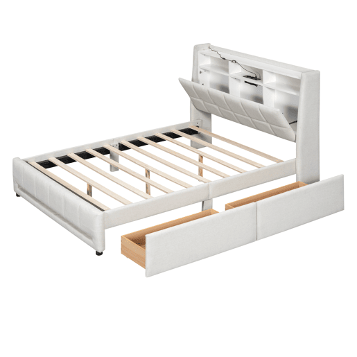 Cama de casal em tecido de linho 140x200 cm - com 2 gavetas + LED + tomada USB - Bege