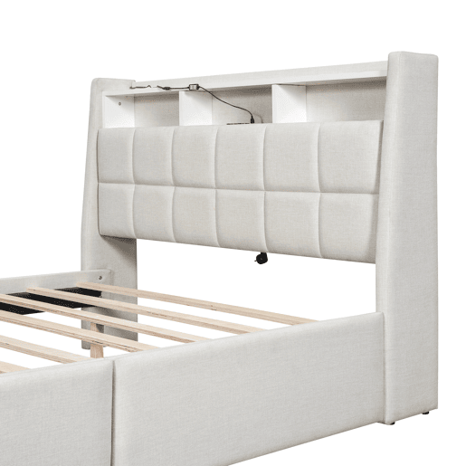 Cama de casal em tecido de linho 140x200 cm - com 2 gavetas + LED + tomada USB - Bege