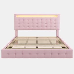 Cama para adultos 140x200cm - com LED e controlo remoto - em imitação de pele - Rosa