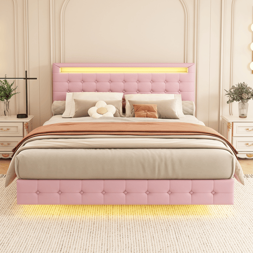 Cama para adultos 140x200cm - com LED e controlo remoto - em imitação de pele - Rosa