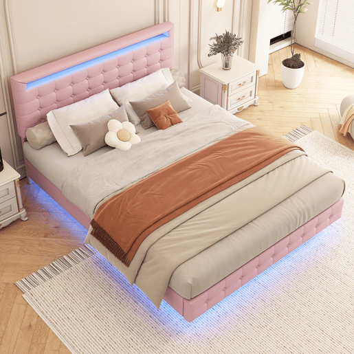 Cama para adultos 140x200cm - com LED e controlo remoto - em imitação de pele - Rosa